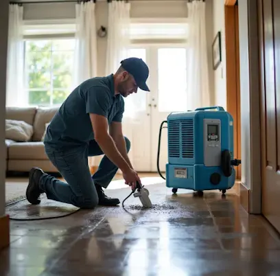 Restoration tech extracting water from a hard floor beside a dehumidifier