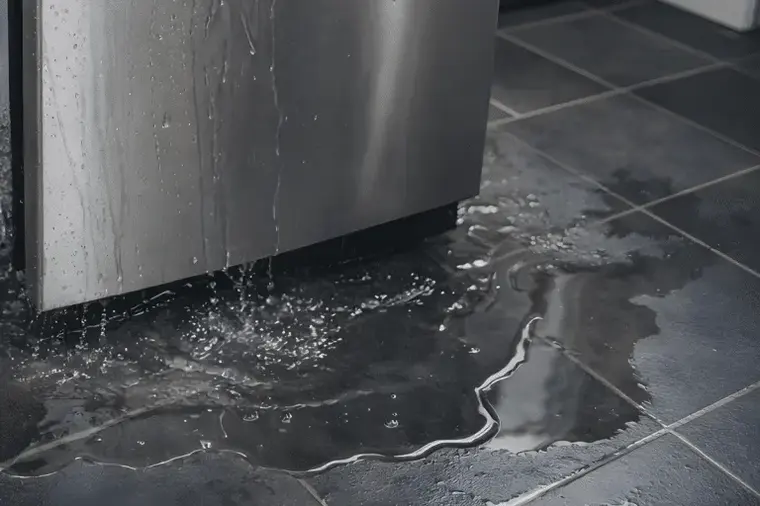 Water leaking from a dishwasher onto a dark tile kitchen floor