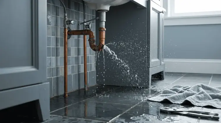 Water spraying from a burst pipe under a bathroom vanity onto a tile floor
