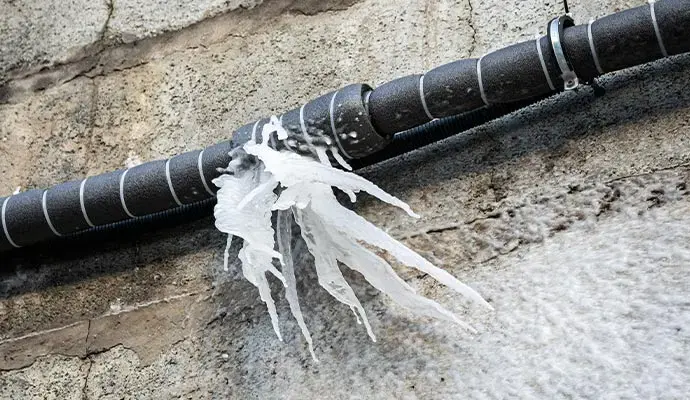 Frozen supply pipe split open and spraying ice during a hard freeze