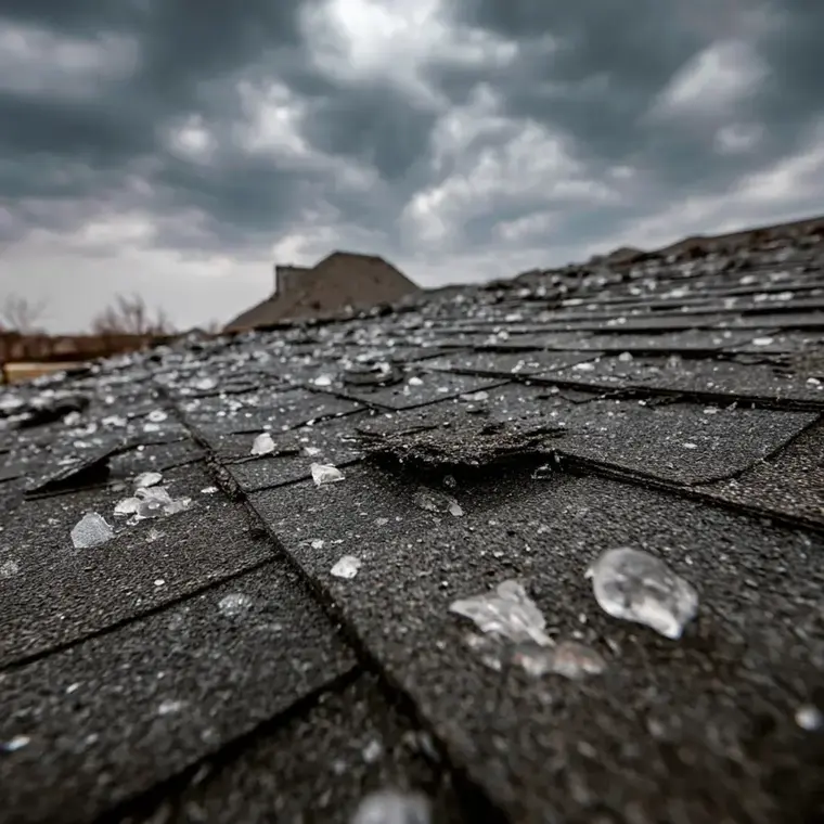 Hailstones on damaged shingles after a North Texas hail storm