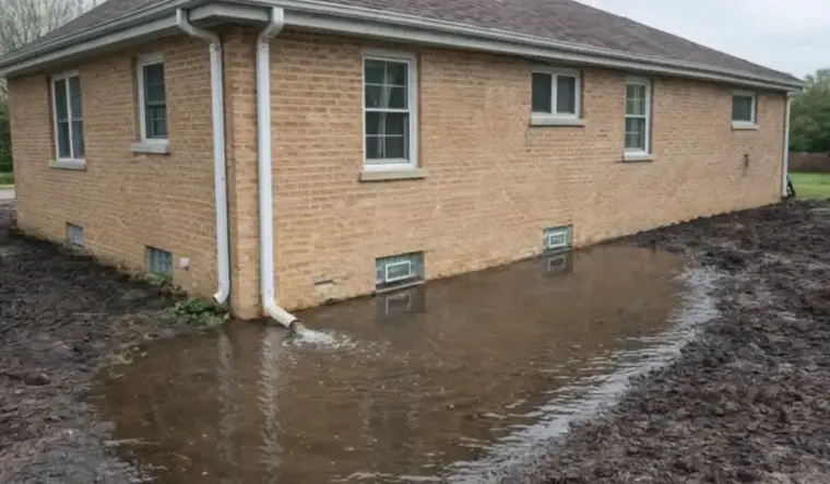 Storm runoff pooling against the brick wall and slab of a North Texas house
